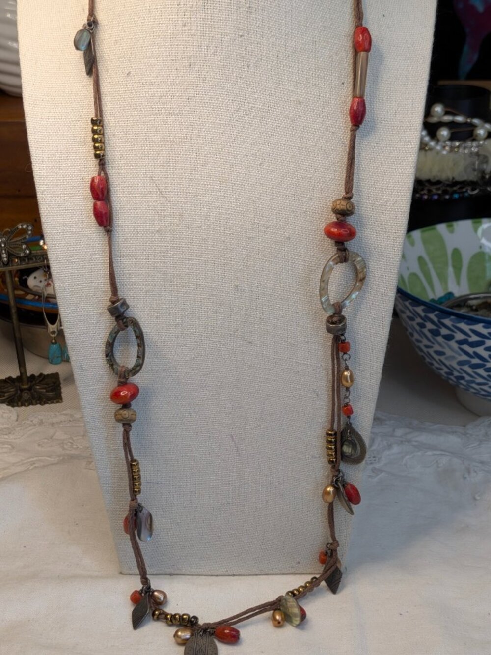 Retired Silpada N2116 Sterling Silver Abalone & Red Bead Necklace
